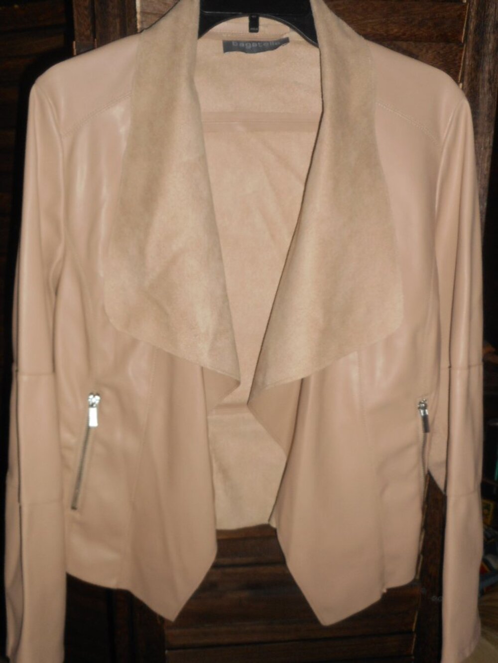 NWOT faux leather, suede tan camel shawl collar jacket cardigan, size medium